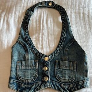 REVICE- Denim Halter Vest with Button Details